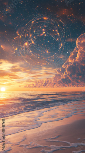 Celestial Beach Sunrise: Quantum Entanglement Digital Art