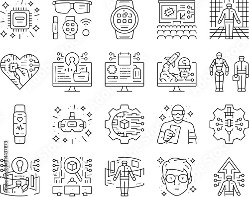 tech enthusiast geek nerd man icons set vector. computer reality, office business, technology work, virtual team, glasses game tech enthusiast geek nerd man black contour illustrations