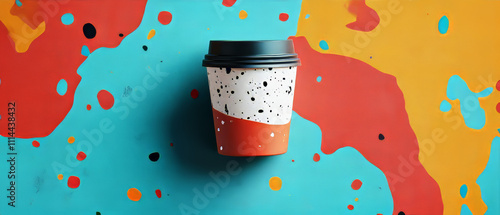 Reusable Coffee Cup: Sustainable Design, 3D Rendering, Colorful Background photo