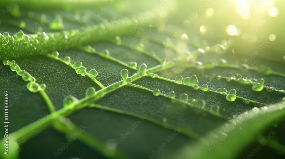 Microscopic View of Stomata Releasing Water Vapor Droplets on Leaf Edges in Humid Environment under Bright Sunlight - Photorealistic Illustration
