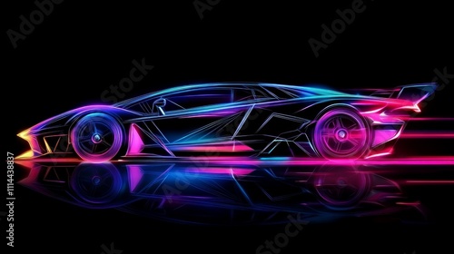 Neon-lit sports car, sleek design, dynamic lines, vibrant colors, dark background, reflection.