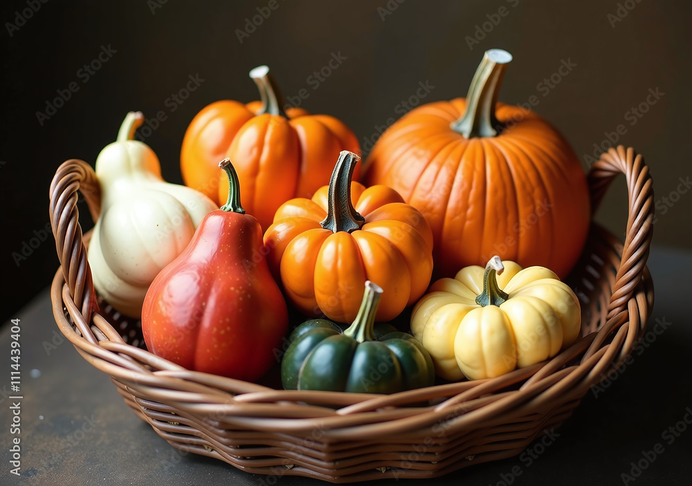 harvest basket filled pumpkins colorful gourds festive halloween decoration harvest basket filled pumpkins colorful gourds festive halloween decoration