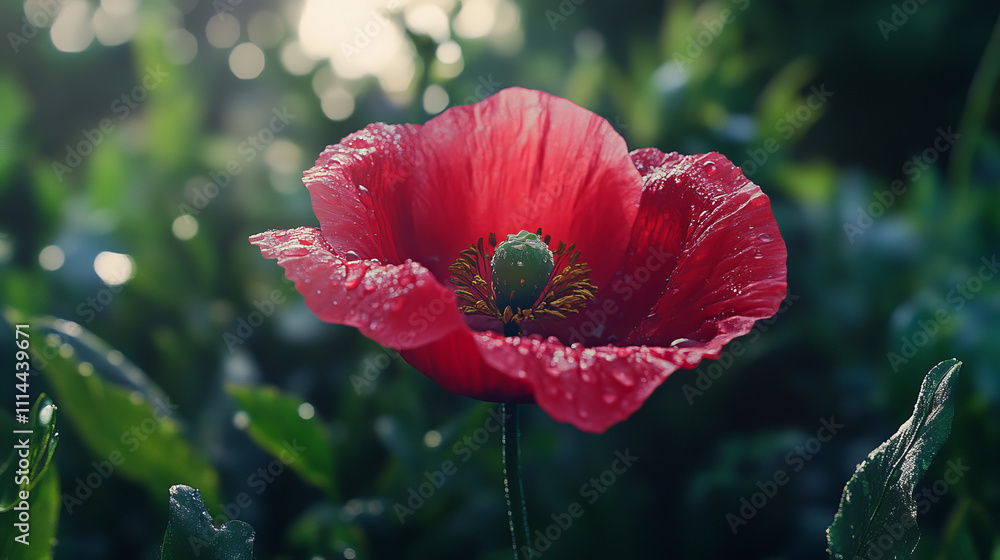 Obraz premium Dewdrops on Red Poppy Flower Macro Photography