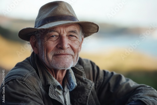 An elderly man with a warm smile wears a hat and jacket, enjoying a moment outdoors. The background features a serene natural landscape, reflecting a peaceful day and a connection with nature.