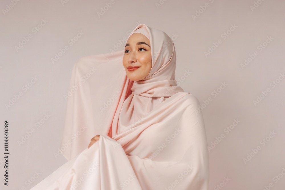 A young woman poses elegantly in a soft pink hijab, exuding confidence and grace. The neutral background emphasizes her serene expression and the flow of her attire, capturing a moment of poise in a s A young woman poses elegantly in a soft pink hijab, exuding confidence and grace. The neutral background emphasizes her serene expression and the flow of her attire, capturing a moment of poise in a s