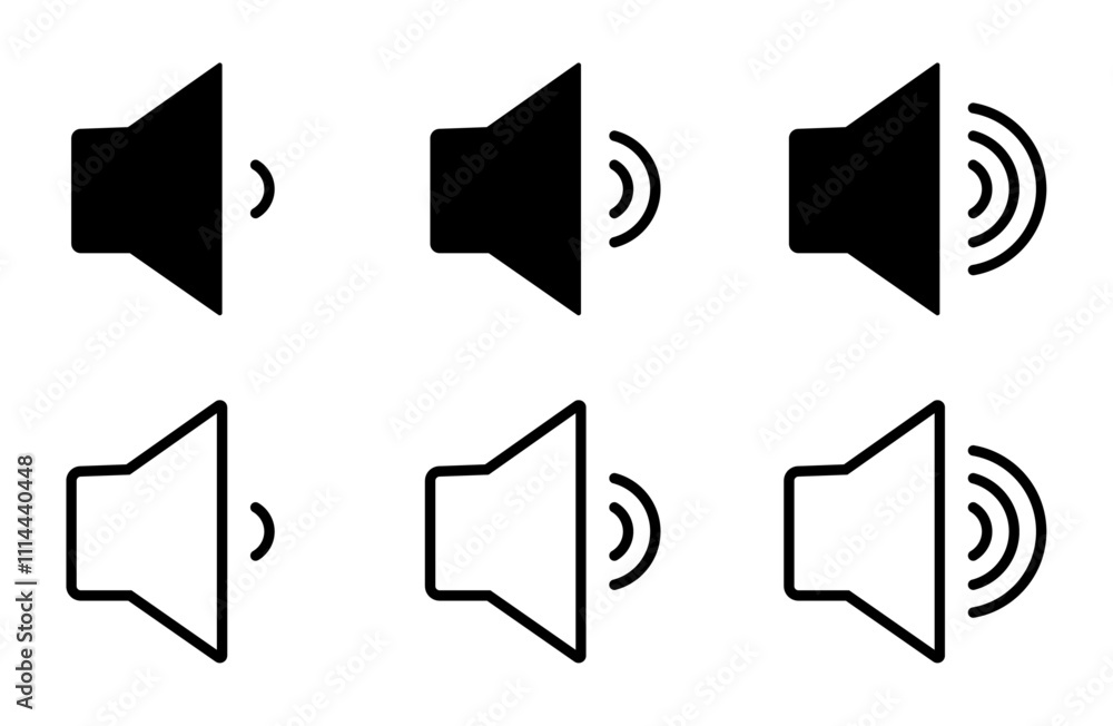 Sound volume icon set with increasing signal level vector illustration on white background. Speaker sign. Sound volume icon set with increasing signal level vector illustration on white background. Speaker sign.