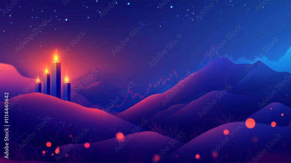 Naklejka premium Night landscape with glowing candles on snowy hills under starry sky.