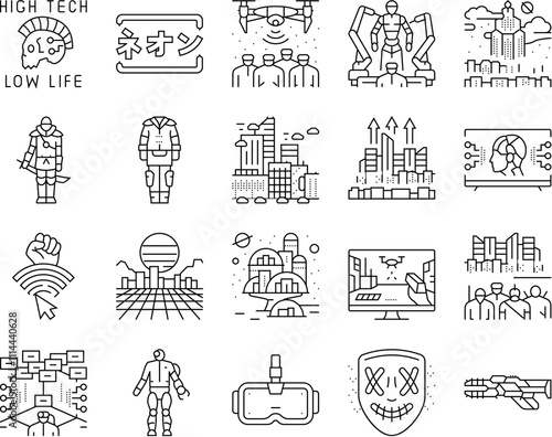 cyberpunk digital city future icons set vector. cyber technology, modern street, night light, building urban, fantasy, town blue cyberpunk digital city future black contour illustrations