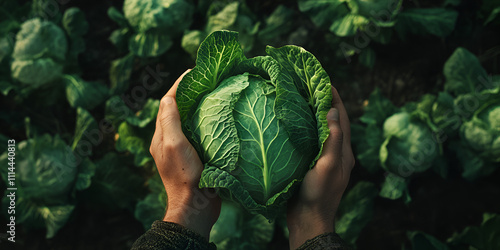 Fresh Green Cabbage Held in Hands with Garden Background photo