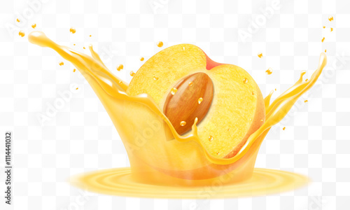 Fresh ripe half of apricot falls into a splash of juice, isolated on transparent background. Realistic 3d vector illustration. Summer vitamin food and drink. Apricot smoothie splash, vitamin cocktail