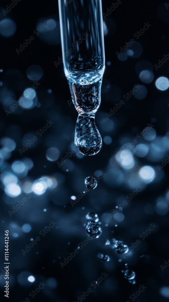 A drop of bakuchiol descends into dark water, creating ripples and bubbles while illuminating reflections of light, enhancing the serene atmosphere A drop of bakuchiol descends into dark water, creating ripples and bubbles while illuminating reflections of light, enhancing the serene atmosphere