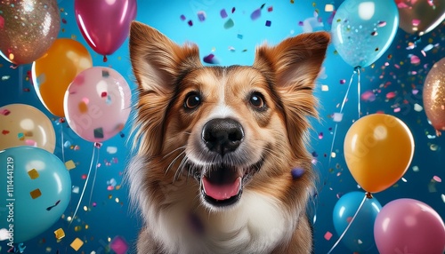 A close up view of a happy and smiling dog surrounded by balloons and confetti; a dog enjoying a celebration party with flying confetti everywhere; funny and hilarious; graphic resources; puppy