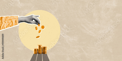 Creative collage illustration of financial business. Human hand dropping coins in a pile. Abstract image of donation, savings, loss, money flow concepts.