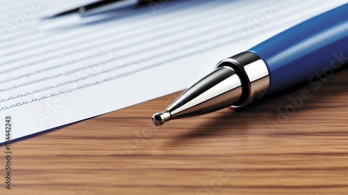 Blue Pen Resting On Paper And Wooden Desk photo