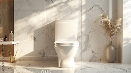 Modern toilet in a bathroom with marble walls and sunlight