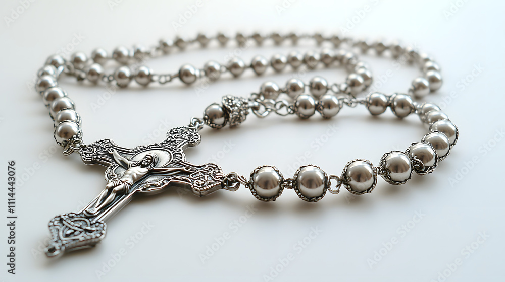 A silver rosary with a cross and beads displayed in an elegant arrangement on a transparent background, symbolizing faith, spirituality, and devotion, ideal for religious designs and spiritual concept A silver rosary with a cross and beads displayed in an elegant arrangement on a transparent background, symbolizing faith, spirituality, and devotion, ideal for religious designs and spiritual concept
