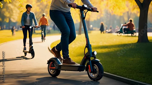 People Riding Electric Scooters in a Sunny Park Setting

 photo