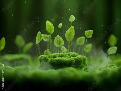 Ethereal verdant alien world with a dreamlike ephemeral Wispy plants and foliage seem to float glowing bioluminescent organisms drifting through the air and mysterious photo