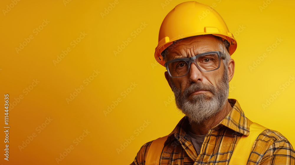 Experienced construction worker in yellow hard hat and glasses Experienced construction worker in yellow hard hat and glasses