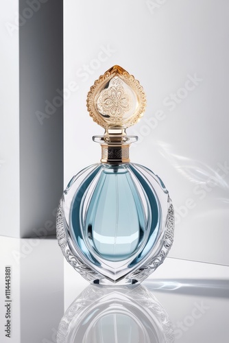 A luxurious, intricately crafted perfume bottle, adorned with intricate curves and delicate details, sits elegantly against a sleek white background. The glass bottle itself is a mesmerizing combinati photo