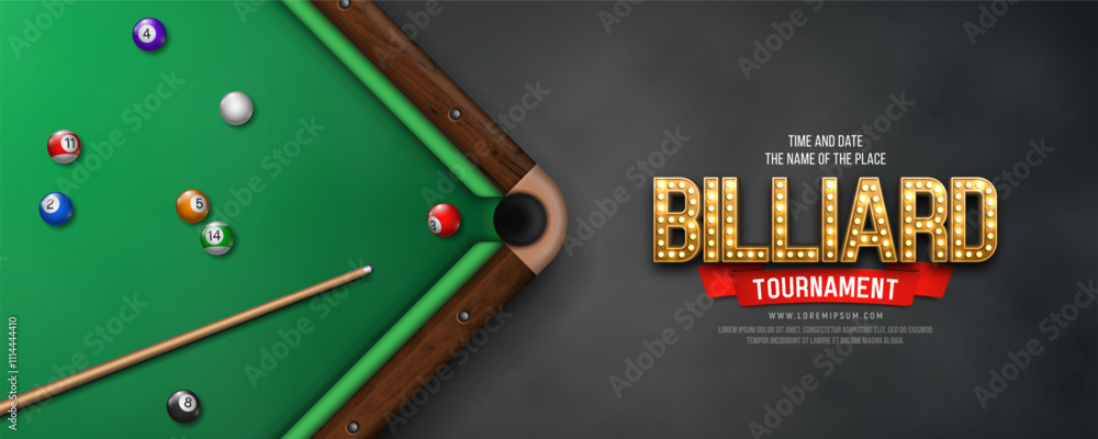 Φωτογραφία Billiard tournament banner with table, balls and cue