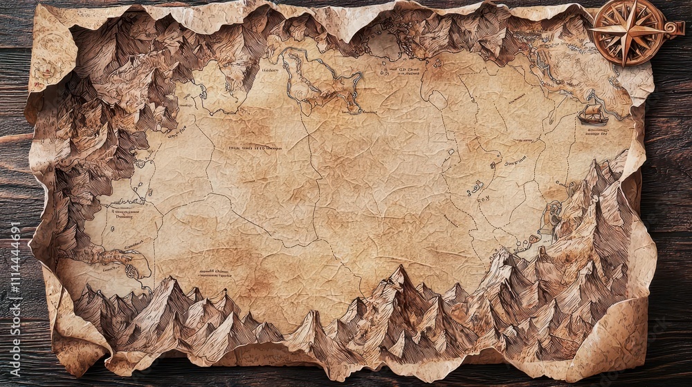 Naklejka premium A handdrawn map on parchment paper, fantasy adventure aesthetics with rich details