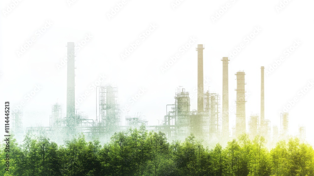 Obraz premium Lush Green Forest Overlaying Smokestacks for Sustainability