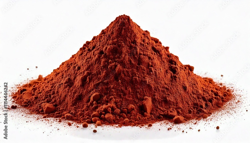 A heap of cocoa powder scattered neatly on a pristine white background, showcasing its deep brown color A heap of cocoa powder scattered neatly on a pristine white background, showcasing its deep brown color