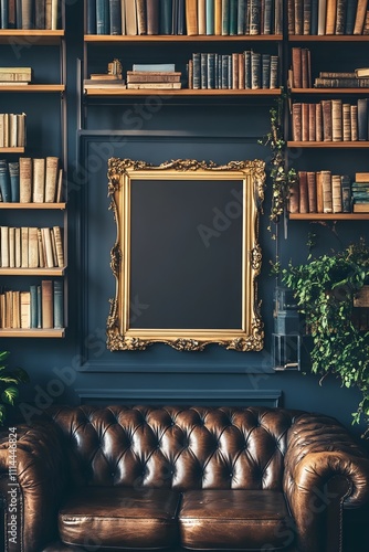 A vintage-style library with a gold ornate frame on a deep navy wall, surrounded by shelves filled with books and a tufted leather sofa.