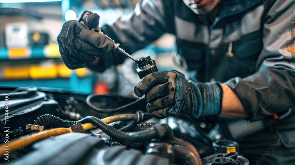 Obraz premium Mechanic Working on a Car Engine