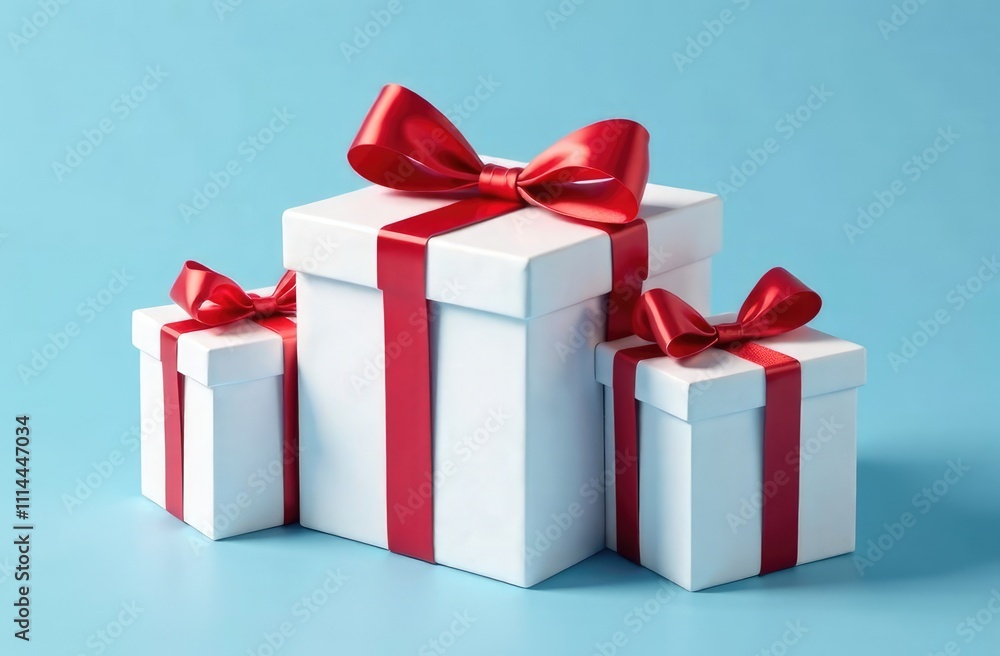 Fototapeta premium white gift boxes with red satin ribbon on blue background