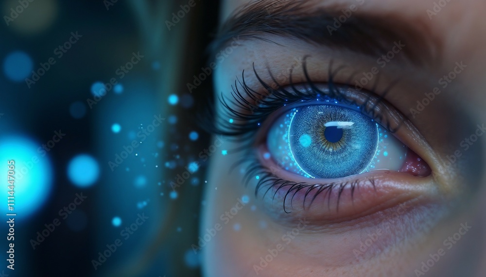 Close-Up of Blue Eye with Futuristic Glowing Elements.The Gateway of Vision and Technology.
A glowing biometric eye, symbolizing the convergence of humanity and technology in the quest for identity
Close-Up of Blue Eye with Futuristic Glowing Elements.The Gateway of Vision and Technology.
A glowing biometric eye, symbolizing the convergence of humanity and technology in the quest for identity