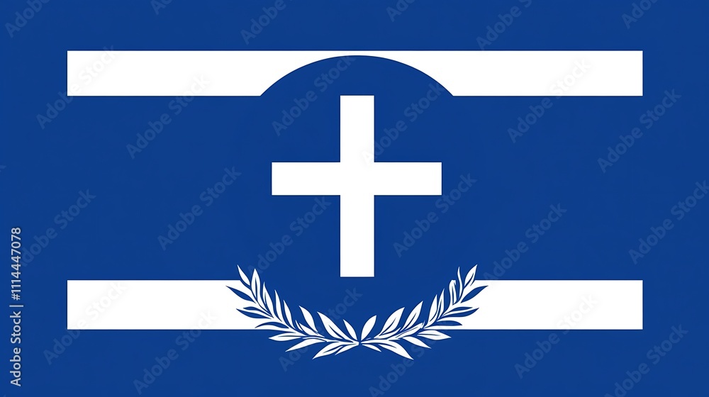 Obraz premium Abstract Blue Flag Design Featuring Cross and Laurel Wreath