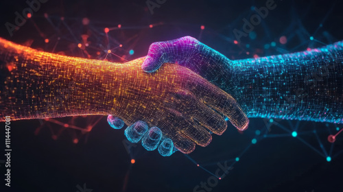 Handshake in digital futuristic style. The concept of partnership
