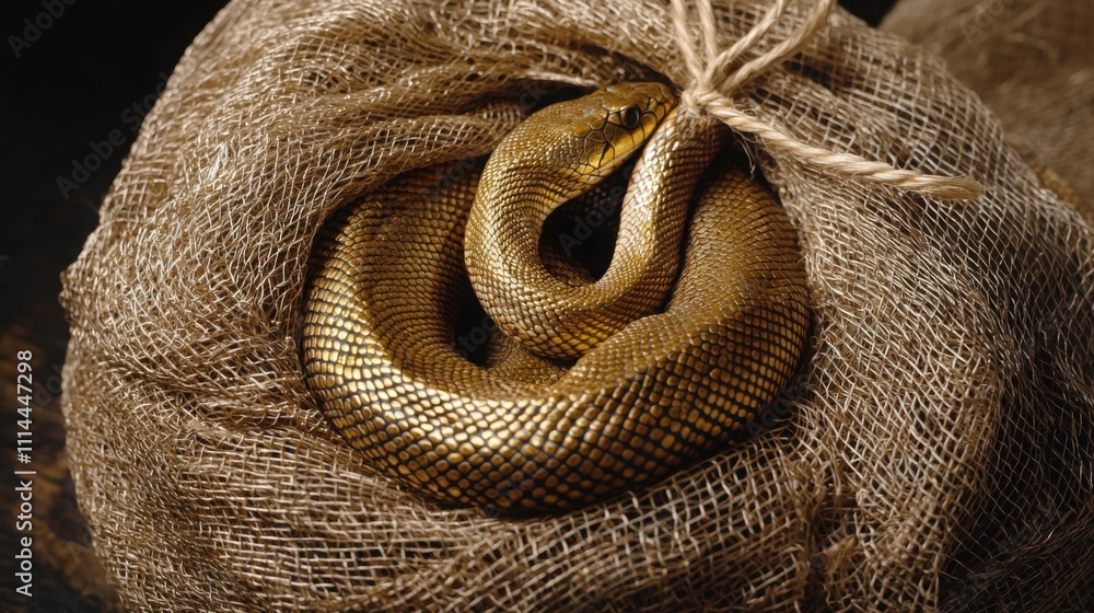 Fototapeta premium A coiled golden snake nestled inside a burlap sack, showcasing its smooth scales and intricate patterns against a dark background.