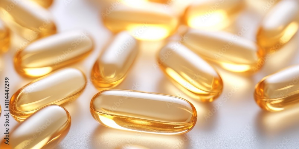 A close-up of golden omega-3 fish oil capsules glowing under natural light, emphasizing purity and quality A close-up of golden omega-3 fish oil capsules glowing under natural light, emphasizing purity and quality