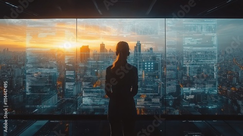 Woman silhouetted against cityscape sunset, viewing data overlaid on window.