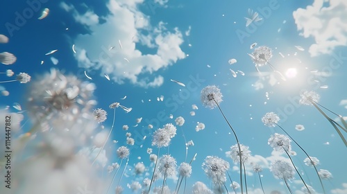 Fototapeta Naklejka Na Ścianę i Meble -  Dandelion seeds flying in the blue sky with clouds and sun