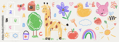Kids drawing style vector illustration set. Children color pencil naive doodles, cute cartoon elements. Kindergarten funny wax crayon sketch or chalk, giraffe, duck, house, rainbow, flowers, butterfly