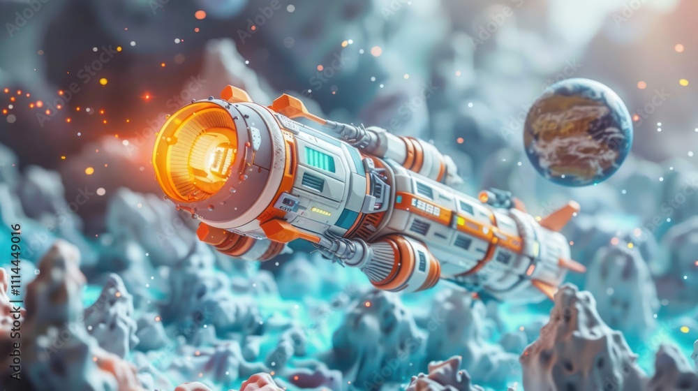 A futuristic spacecraft navigates an alien landscape with Earth visible in the background. A futuristic spacecraft navigates an alien landscape with Earth visible in the background.