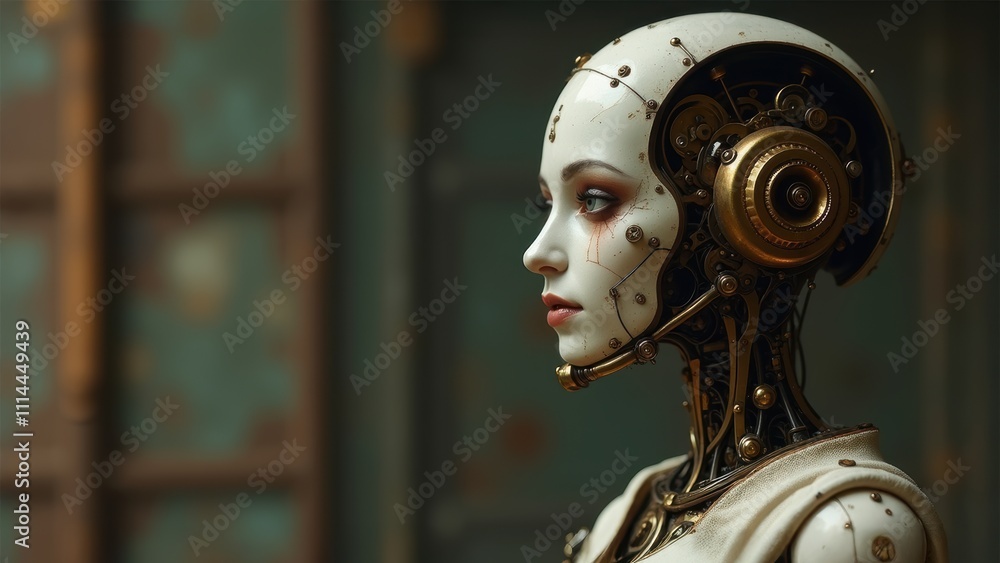 A stunning portrait of a cyborg, with a delicate human face and a complex robotic bod A stunning portrait of a cyborg, with a delicate human face and a complex robotic bod