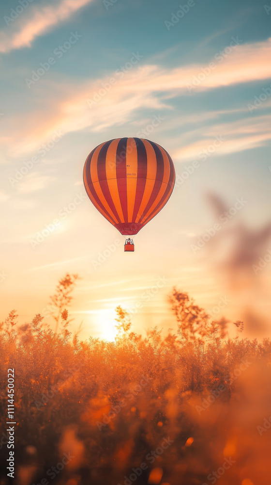 Obraz premium Sunrise Hot Air Balloon Adventure: Orange and Brown Striped Balloon Soaring Over Golden Field