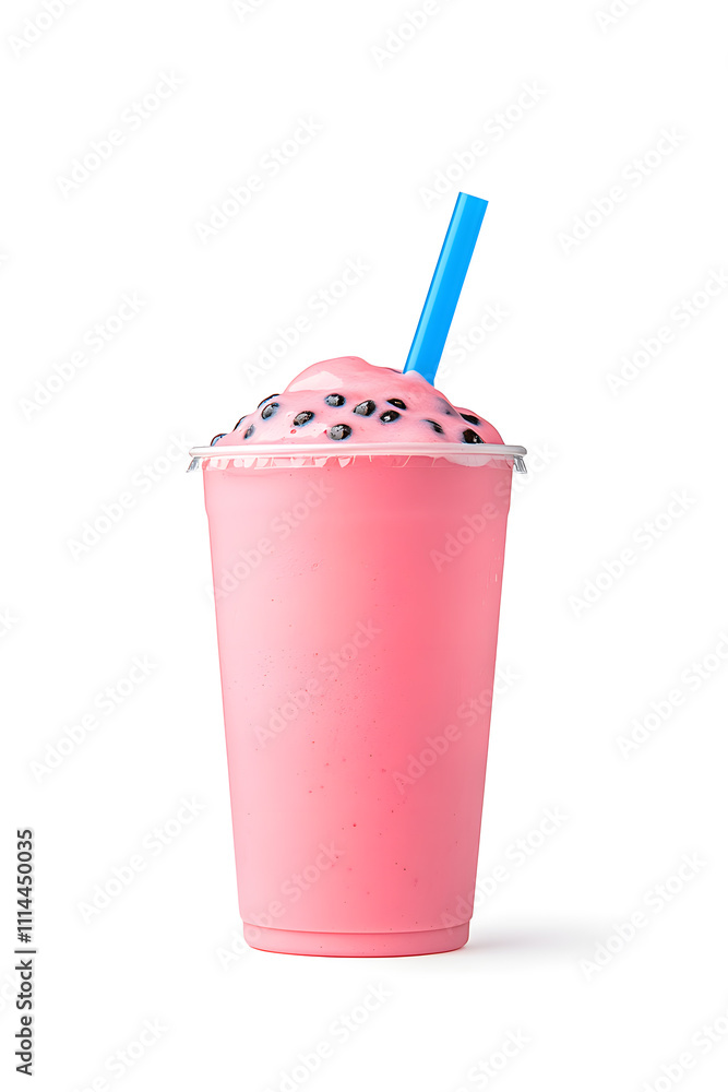 Milkshake with whipped cream, sprinkles, berries and topping served in plastic glass with straw splashing isolated on background commercial photo Milkshake with whipped cream, sprinkles, berries and topping served in plastic glass with straw splashing isolated on background commercial photo