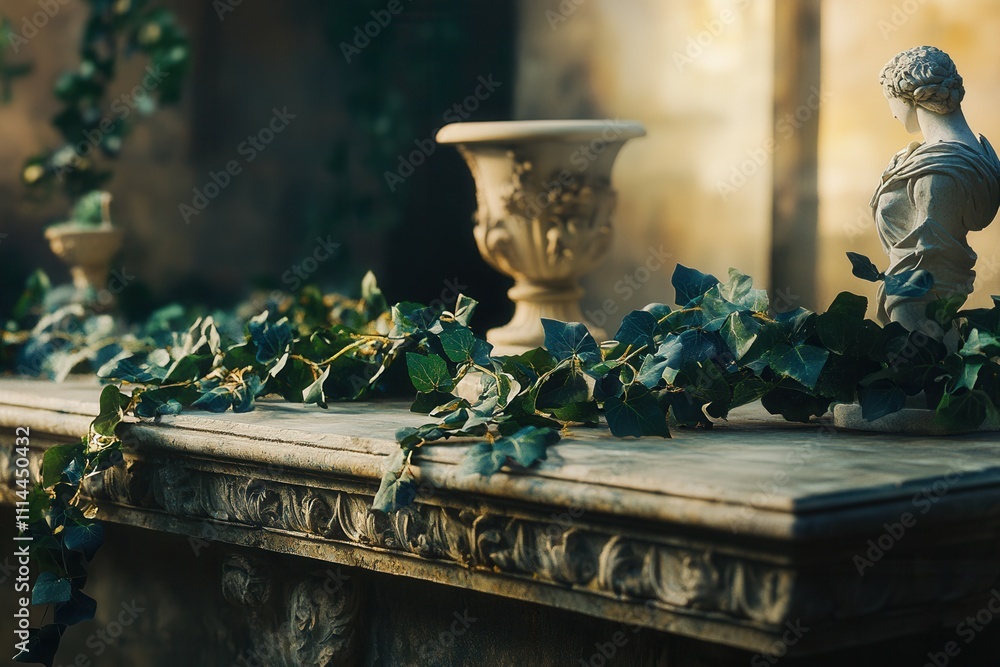 Elegant stone balcony with ivy and classical sculptures in golden light. Elegant stone balcony with ivy and classical sculptures in golden light.