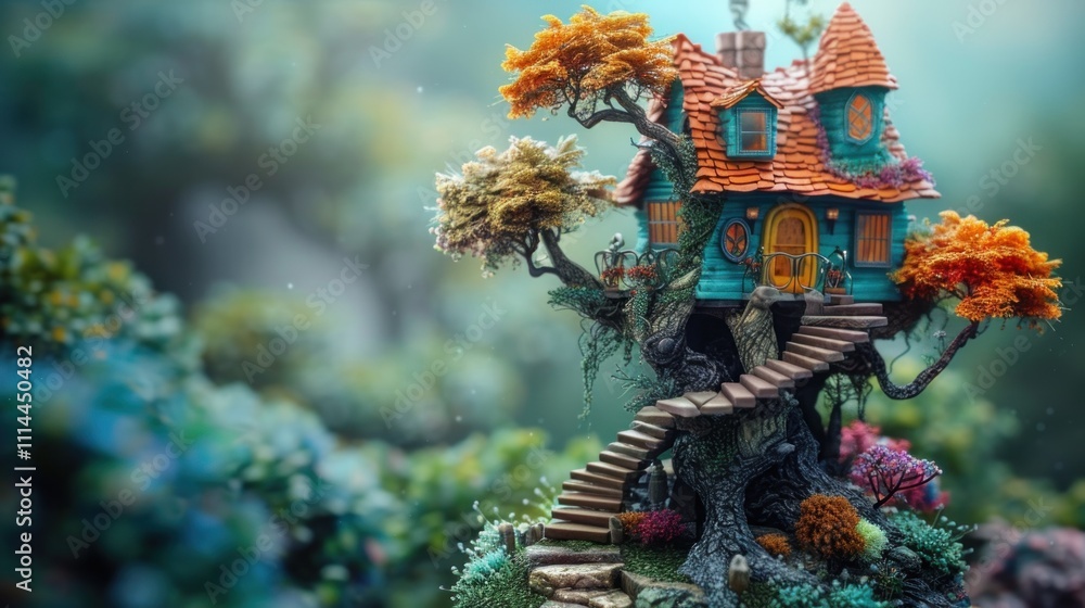 Fototapeta premium A whimsical treehouse nestled among vibrant foliage, showcasing fantasy architecture.
