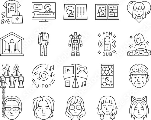 otaku anime manga eyes icons set vector. japanese, japan piece, one boy, asian concert, shirt cosplay, cheering cat, samurai otaku anime manga eyes black contour illustrations