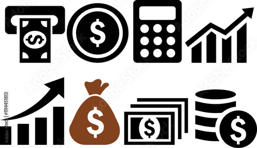Set of Finance icons. Business Icons, money signs. Money silhouette collection. Coins silhouette icon. Growth chart. Moneybag or stash. Calculator sign. Piggy bank flat style. coins stack and dollar s