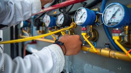 Technician Checking Pressure Gauges on an HVAC System