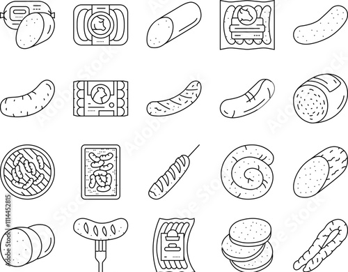 sausage grill barbecue pork icons set vector. bbq beef, bratwurst food, meat hot, fork cooked, meal german, roasted, fried smoke sausage grill barbecue pork black contour illustrations