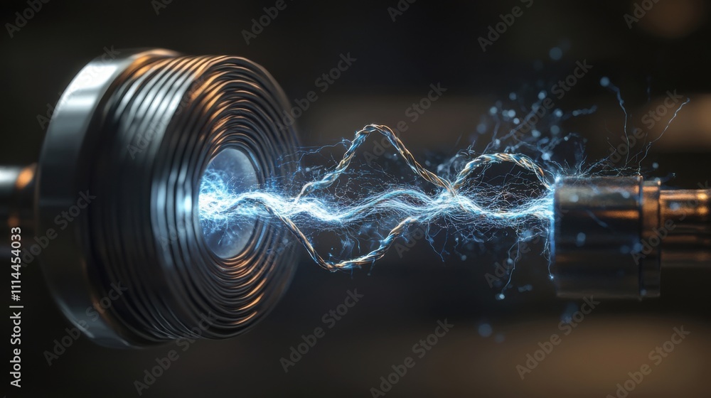 High voltage electricity arcs between coils in a dark laboratory setting highlighting advanced technology